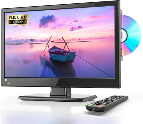 Desobry Televisor de 16 pulgadas con reproductor de DVD integrado 1080P LCD TV reproductor de DVD combinado con monitor USB HDMI para el hogar,