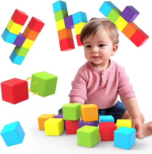 Bloques de construcción magnéticos grandes, cubos apilables magnéticos de 1.65 pulgadas para niños pequeños, juguetes sensoriales y Montessori para