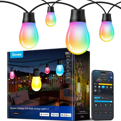 Miniatura 11 de Govee Guirnalda de luces S14 para exteriores, luces inteligentes RGBIC de 48 pies de color blanco cálido con 15 bombillas LED, 111 modos de escena