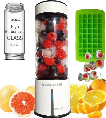 Miniatura 8 de Batidora portátil para batidos ROSEVIEW Botella de vidrio recargable por USB, mini batidos de hielo de mano, vaso de 2 mezclas, exprimidor