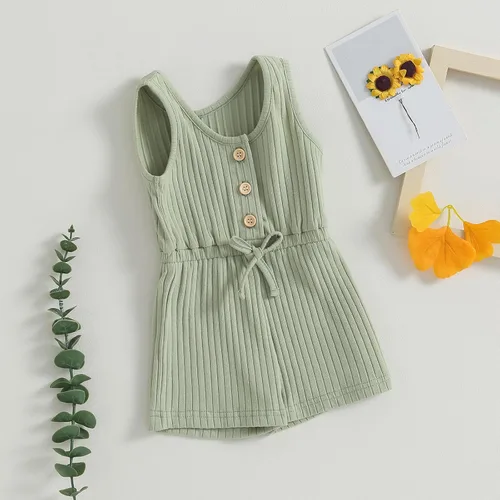 Miniatura 88 de Traje de verano para niña pequeña, de manga corta, acanalado, overol liso, pantalones cortos, ropa para recién nacidos