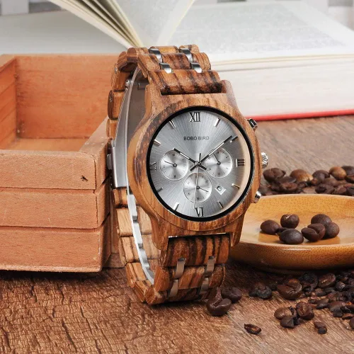 Miniatura 5 de BOBO BIRD Relojes de madera para hombre, correa de metal de madera de lujo, cronógrafo y visualización de fecha, reloj de cuarzo versátil