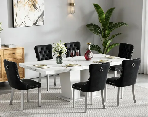 Miniatura 36 de Juego de mesa de comedor extensible de 5 piezas con 4 sillas de tela, mesa extensible marrón con base negra, juego moderno de comedor de madera