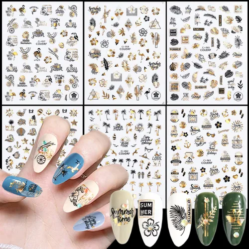 Miniatura 8 de Calcomanías de arte de uñas doradas, diseño de sol, luna, estrellas, línea de corazón, flores, calcomanías autoadhesivas para uñas, calcomanías