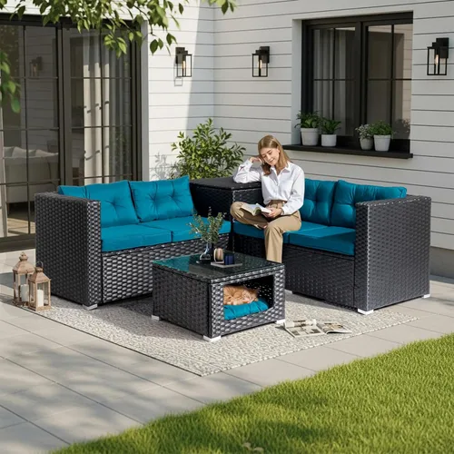 Outvita Juego de 4 muebles de patio al aire libre, juego de sofá de conversación de ratán de polietileno, muebles exteriores de mimbre para todo