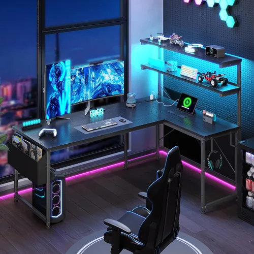 Miniatura 8 de DurayLoly Escritorio en forma de L para juegos con luz LED y toma de corriente, escritorio reversible en forma de L para computadora de 43.3