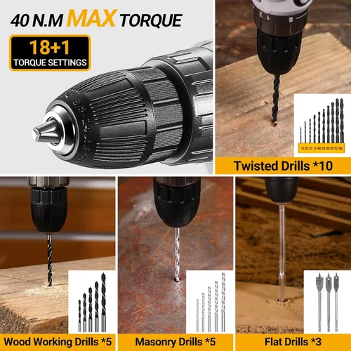 Miniatura 5 de Kit de Herramientas de Taladro Inalámbrico: Caja de Herramientas de Taladro Eléctrico de 20V con Batería Taladro Conductor Eléctrico para Hombres