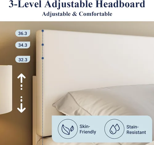Miniatura 4 de Allewie Estructura de Cama Tamaño King con Cabecera Ajustable, Cama Plataforma de Cuero Sintético con Listones de Madera, Base de Colchón de Blanco