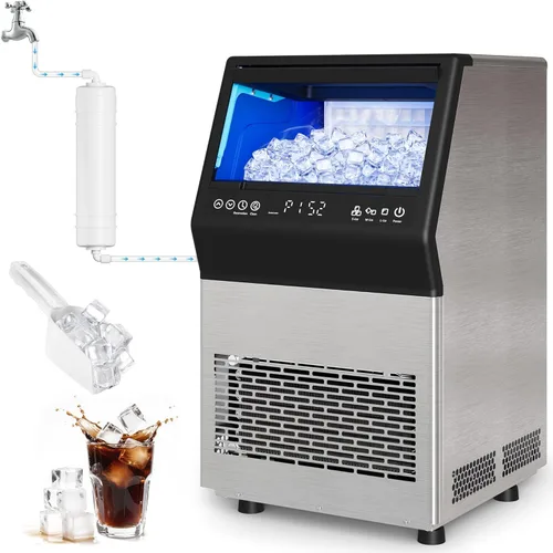 Máquina comercial para hacer hielo, 110 libras/24 horas, de acero inoxidable, con capacidad de almacenamiento de 12 libras, autolimpieza, pantalla
