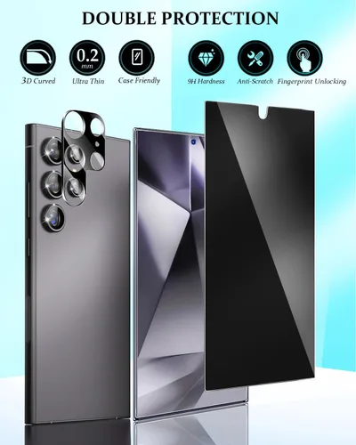 Miniatura 2 de Protector de pantalla de privacidad compatible con Samsung Galaxy S24 Ultra, vidrio templado con protector de lente de cámara, compatible