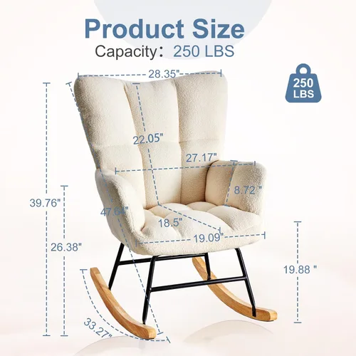 Miniatura 2 de DUMOS Mecedora con respaldo alto, silla deslizadora tapizada de lectura para interiores con asiento cómodo, balancín deslizante para dormitorio