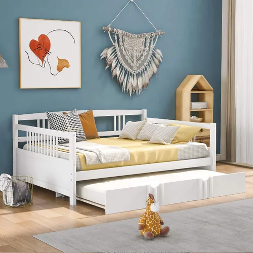 Miniatura 13 de Polibi Sofá cama de tamaño individual con dos cajones, marco de sofá cama de madera con rieles para sala de estar, dormitorio, color espresso