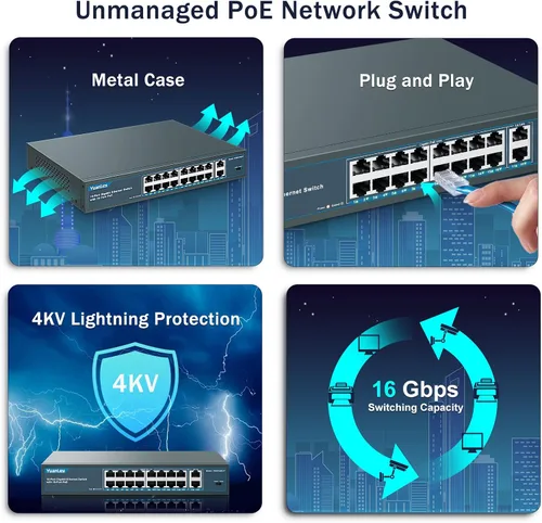 Miniatura 6 de YuanLey Interruptor Gigabit PoE de 5 Puertos con 4 Puertos PoE+ de 1000Mbps, 78W de Potencia Integrada 802.3af/at, Sin Ventilador, de Metal,