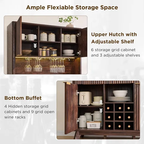 Miniatura 3 de OKD Gabinete de barra de café acanalado de 72 pulgadas de alto con amplio almacenamiento, aparador de buffet moderno con soporte para vidrio, Nogal