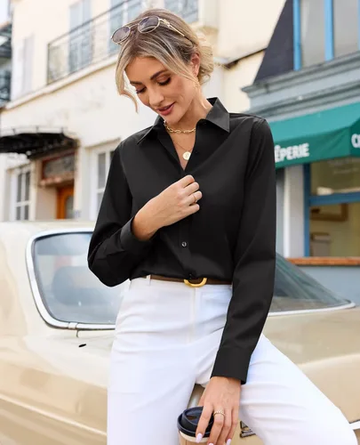 Miniatura 5 de siliteelon Camisas con botones para mujer, con protección contra manchas, de manga larga, sin arrugas, blusas de oficina