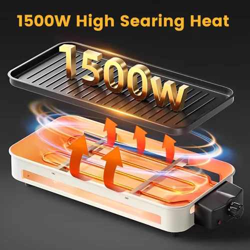 Miniatura 3 de YOHAWJAN - Parrilla eléctrica para interiores de 1500 W, 2 en 1, sin humo, con parrilla extraíble antiadherente y placa de plancha, control