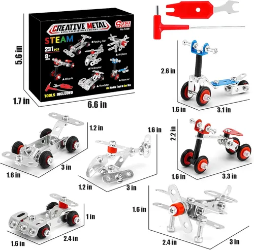 Miniatura 6 de BESTYMXY Juego de modelos de metal para autos y aviones, modelo de kit de construcción, 231 piezas, 6 modelos, juguetes de construcción de proyectos