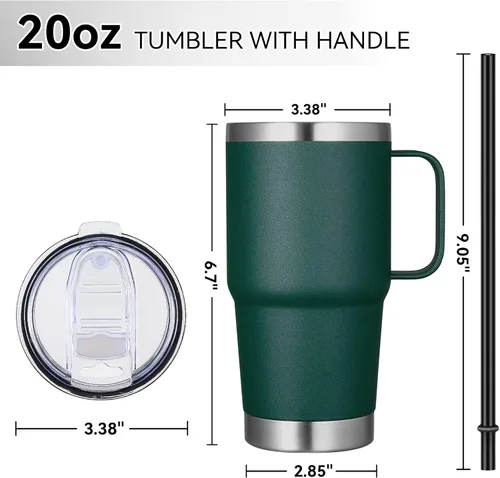 Miniatura 4 de VEGOND Vaso de 20 onzas con tapa con asa y pajilla, taza de café de viaje aislada de acero inoxidable a prueba de derrames, vaso de metal de doble