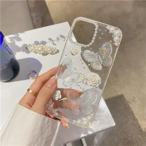 Miniatura 2 de Funda compatible con iPhone 13 Mini 3D, diseño floral de mariposa, transparente con diseño estético, fundas protectoras con purpurina y cristales