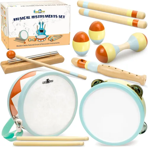 MINIARTIS Instrumentos musicales para niños pequeños – Juguetes musicales de madera Montessori para niños pequeños de 1 a 3 años | Juego de batería