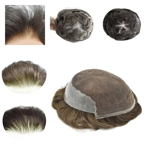 Miniatura 15 de Peluca de repuesto de cabello natural de poliuretano con encaje frontal para hombre (7x9 pulgadas, densidad de luz, 1B40# negro natural con 40% gris)