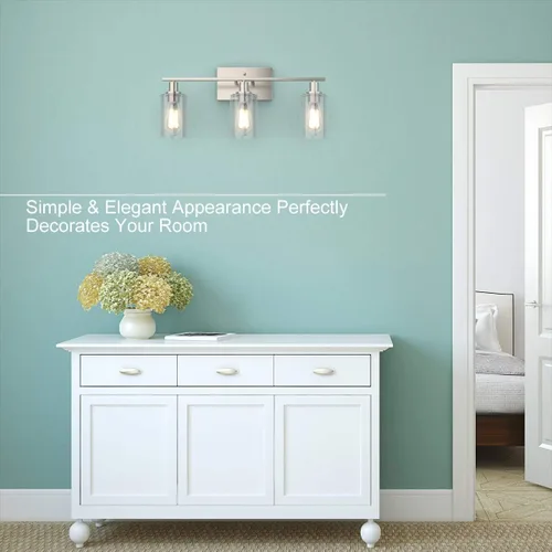 Miniatura 3 de Tangkula Lámparas de tocador de baño de 3 luces, apliques de pared modernos con pantalla de vidrio transparente con base E26, iluminación de pared