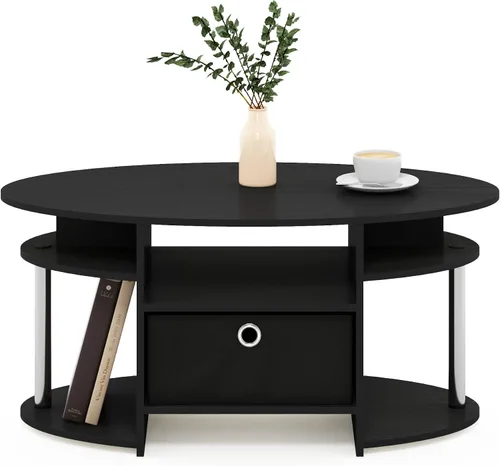 Miniatura 4 de Furinno Jaya Mesa de Centro Ovalada de Diseño Simple con Contenedor para Sala de Estar, Americano/Cromo/Negro