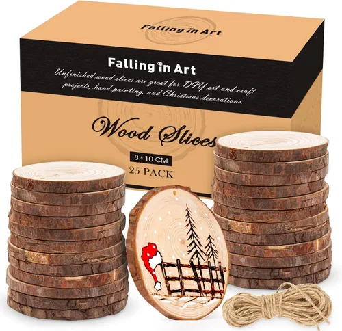 Miniatura 11 de Falling in Art Juego de rodajas de madera natural de 2.3-3.1 pulgadas para manualidades - 25 discos redondos de madera con agujero preperforado