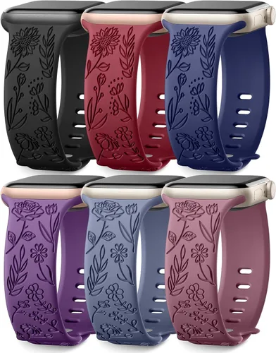 Miniatura 22 de SNBLK Paquete de 6 correas florales grabadas compatibles con Apple Watch de 40mm 41mm 42mm 38mm 44mm 45mm 46mm 49mm, mujeres y hombres, correa