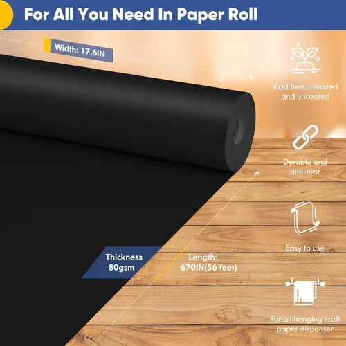 Miniatura 2 de Vanhench Papel Negro para Arte y Construcción 17.6"×670", Rollo de Papel Kraft Negro para Regalos, Manualidades, Envoltorio de Flores para Ramos