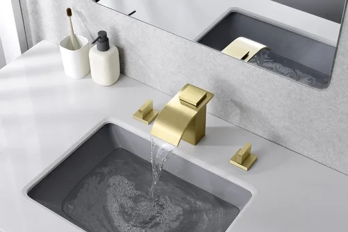 Miniatura 4 de SUMERAIN Grifo de baño de cascada de oro cepillado 3 agujeros 8 pulgadas grifo de lavabo de baño extendido