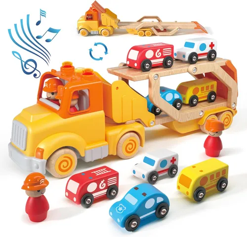 Juguetes de autos para niños pequeños de 2, 3, 4, 5 años, juguete de camión transportador con 4 vehículos de madera, remolque de pista plegable de