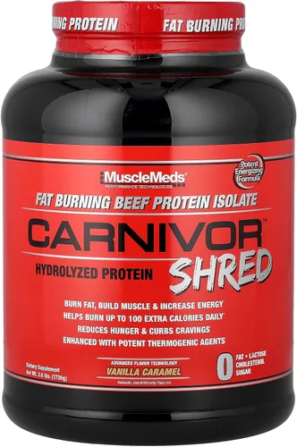 MuscleMeds Carnivor Shred Aislado de Proteína de Carne Hidrolizada Quemadora de Grasa, 0 Lactosa, 0 Azúcar, 0 Grasa, Certificado Halal, Vainilla