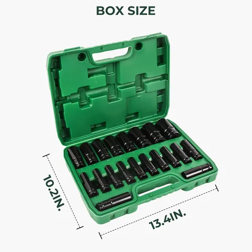 Miniatura 5 de Juego de llaves de impacto de 1/2", kit de herramientas de 20 piezas de zócalo y de accionamiento, tamaños métricos estándar (0.315-1.260 in) Kit