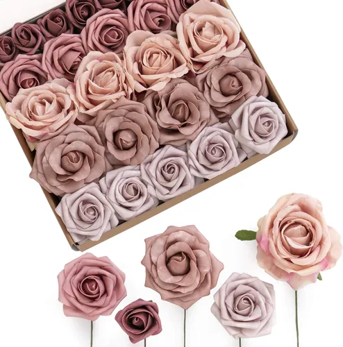 Miniatura 31 de Ling's moment Flores artificiales, rosas de seda falsas, combo de Gardenia de espuma sintética para bricolaje, ramos de boda, centros de mesa