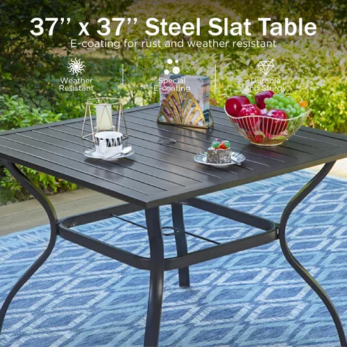 Miniatura 4 de PHI VILLA Mesa de comedor para exteriores de 37 pulgadas, con listones de acero metálico, mesa de comedor cuadrada para patio con agujero para Negro