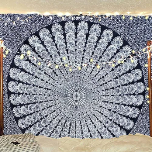 Miniatura 39 de Tapiz hippie indio bohemio psicodélico dorado azul pavo real mandala colgante en la pared (negro blanco, Queen (84 x 90 pulgadas) (84.6 x 90.6 in)