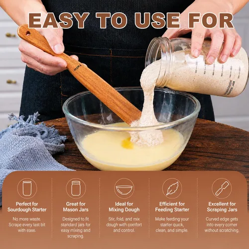 Miniatura 3 de Paquete de 2 Spurtle de madera para masa madre, mezcla, alcanzar el fondo del frasco, batidor de masa, espátula de frasco de mango largo