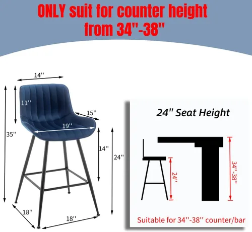 Miniatura 2 de Juego de 2 Taburetes de Bar - Taburetes de Bar de Lujo de Altura de Mostrador, Taburete de Bar de 24 Pulgadas de Altura de Asiento, Tapizados en Azul