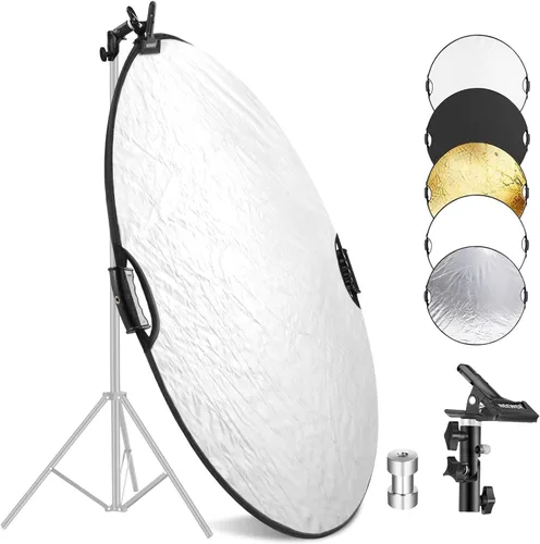 Miniatura 9 de NEEWER Kit de reflector de luz de 43"/110cm, reflector redondo plegable 5 en 1 (translúcido/plata/oro/blanco/negro), abrazadera de metal y soporte