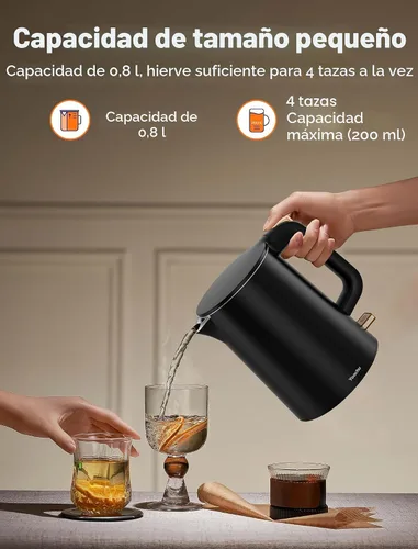 Miniatura 2 de Hervidor eléctrico pequeño, caldera de agua y calentador de 0.8 L, olla de té caliente de 1000 W, acero inoxidable de doble pared al tacto frío