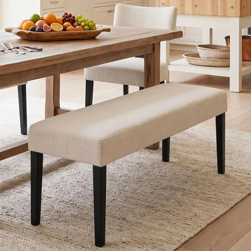 HNY Asiento de banco de comedor tapizado de granja, banco de entrada de lino de 45 pulgadas con patas de madera negra, banco moderno de mediados de