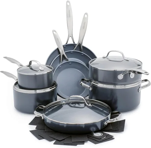 GreenPan Valencia Pro - Juego de utensilios de cocina antiadherentes de cerámica, sin PFAS, listos para inducción, ollas y sartenes anodizadas duras