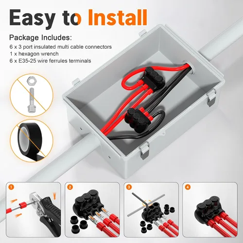 Miniatura 5 de Joinfworld Conector multigrifo aislado de 3 puertos 1/0-14AWG de aluminio a cobre, conectores de aluminio de entrada de un solo lado con hexagonal