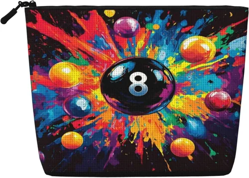 Colorful Billiards Bag Fake Hemp Makeup Bag Travel Bags Toiletry Pouch with Zipper 9.45 X 6.7 In
