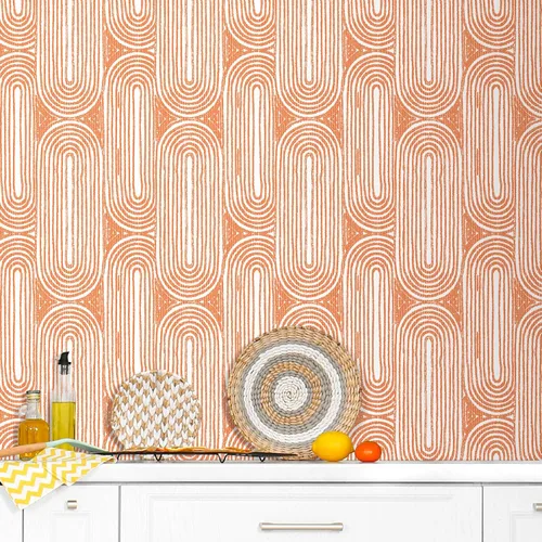 Miniatura 8 de Livelynine Papel tapiz despegar y pegar de 17.5 x 276 pulgadas, naranja funky y blanco, bohemio chic, geométrico, moderno de mediados de siglo