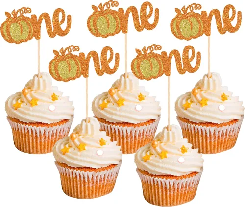 Miniatura 8 de Rsstarxi Paquete de 24 decoraciones de calabaza con purpurina para cupcakes de primer cumpleaños, decoración de pastel de calabaza para el primer
