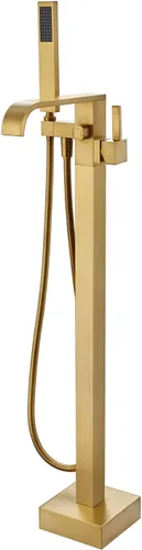Grifo de bañera independiente Llenador de bañera de oro cepillado Grifos de montaje en piso de latón de una sola manija con ducha de mano 2-Oro