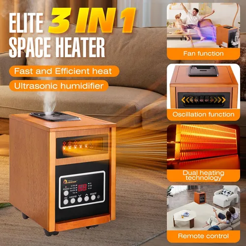 Miniatura 2 de Dr Infrared Heater DR-998, 1500W, Calentador de Espacio con Humidificador, Ventilador Oscilante y Control Remoto (Cherry)