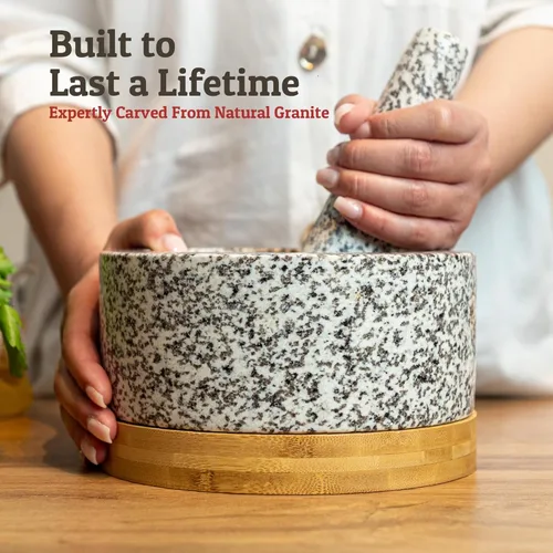 Miniatura 2 de Priority Chef Juego de mortero y mano de mortero resistente con base de bambú, molinillo de piedra de granito 100% natural, tazón y machacador